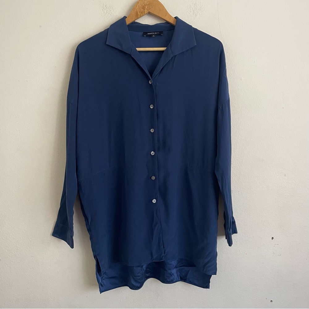 Lafayette 148 New York Navy 100% Silk Button Up Blouse Relaxed Fit Side Pockets